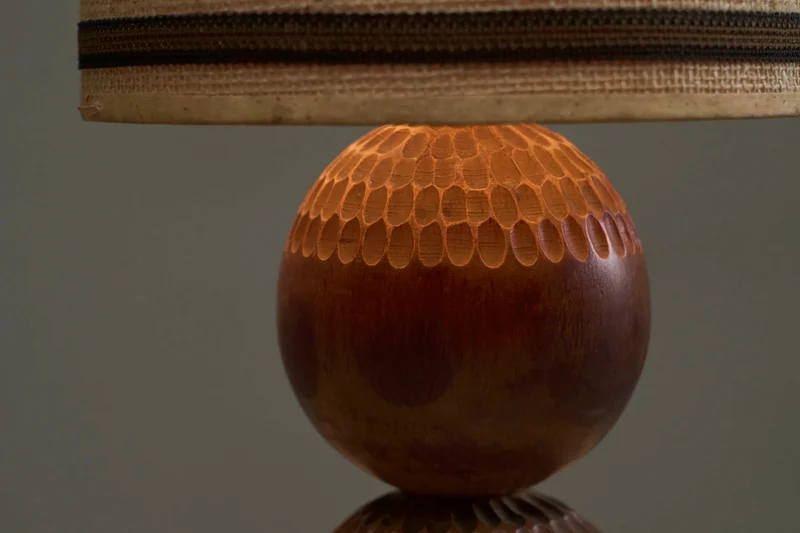 Vintage Table Lamp in Carved Wood with Shade in Woven Jute 1960s