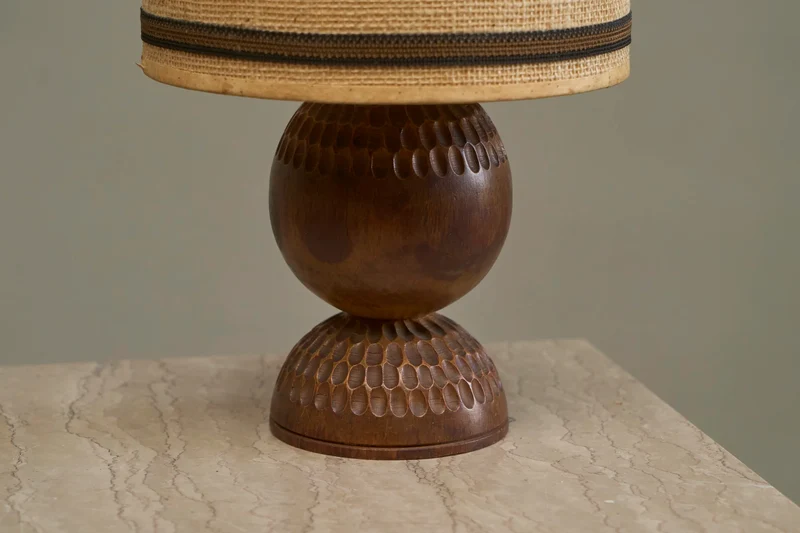 Vintage Table Lamp in Carved Wood with Shade in Woven Jute 1960s