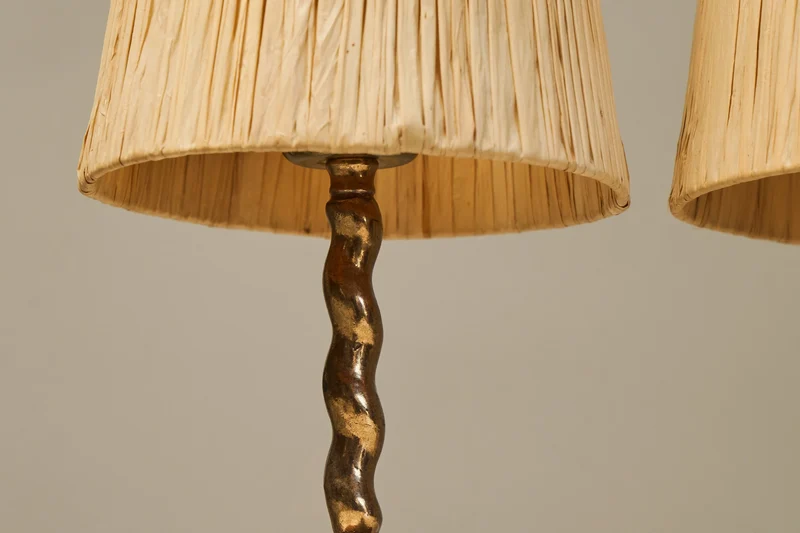 Vintage Mid-Century Pair of Tripod Table Lamps in Patinated Sand Cast Brass with Raffia Shades