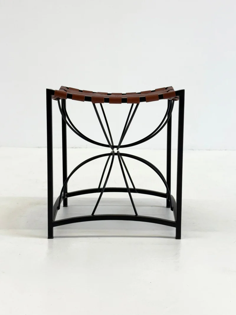 Elegant vintage French stool with black metal and brown leather