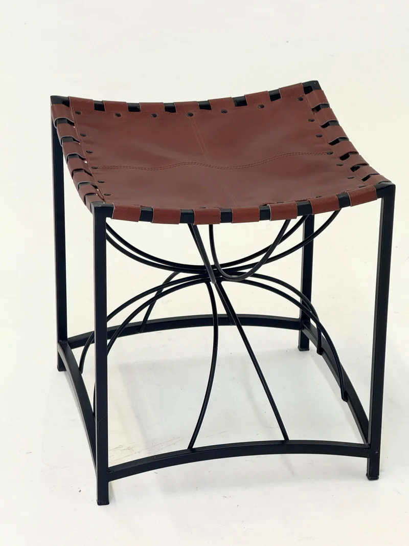 Elegant vintage French stool with black metal and brown leather