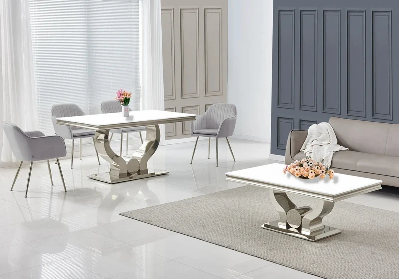 Salle à manger complète verre blanc argent – Omega