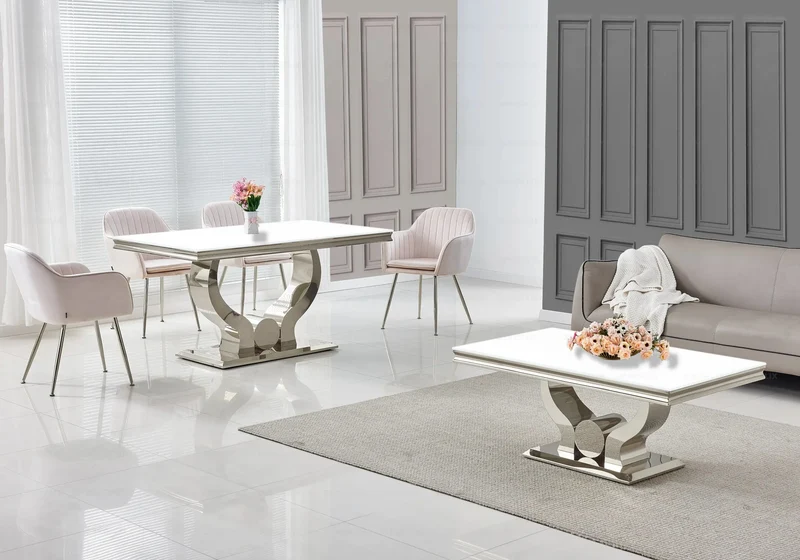 Salle à manger complète verre blanc argent – Omega