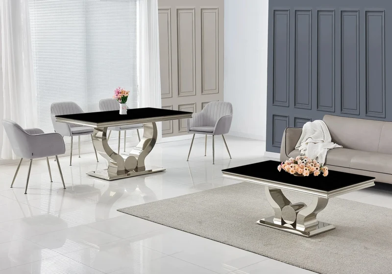 Salle à manger complète verre noir argent – Omega
