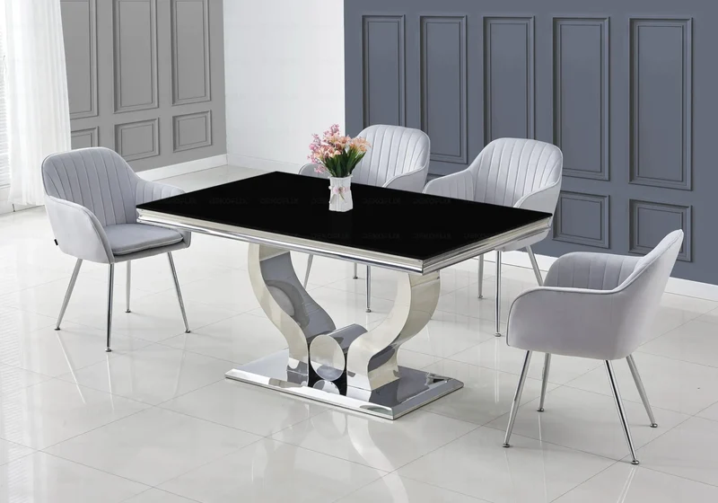 Salle à manger complète verre noir argent – Omega