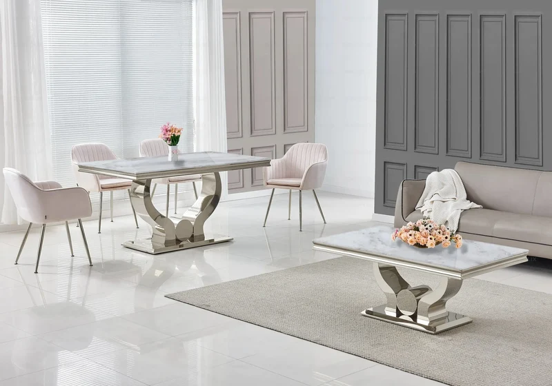Salle à manger complète marbre beige argent – Omega