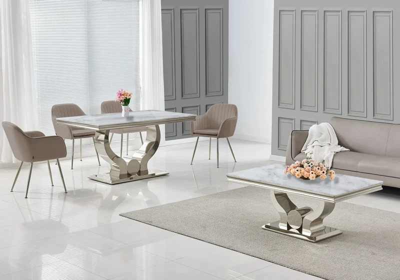 Salle à manger complète marbre beige argent – Omega