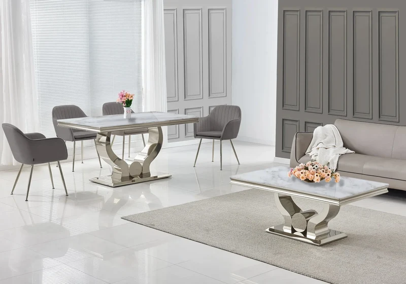 Salle à manger complète marbre beige argent – Omega