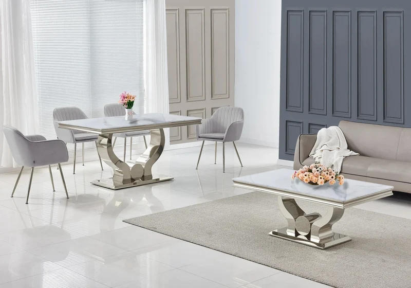 Salle à manger complète marbre blanc argent – Omega