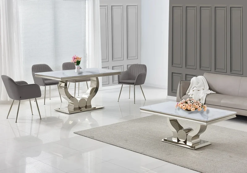 Salle à manger complète marbre blanc argent – Omega