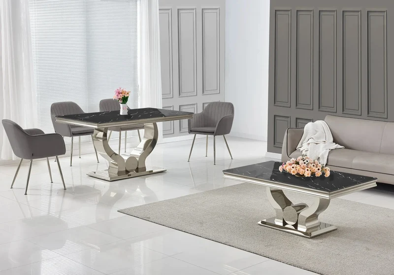 Salle à manger complète marbre noir argent – Omega