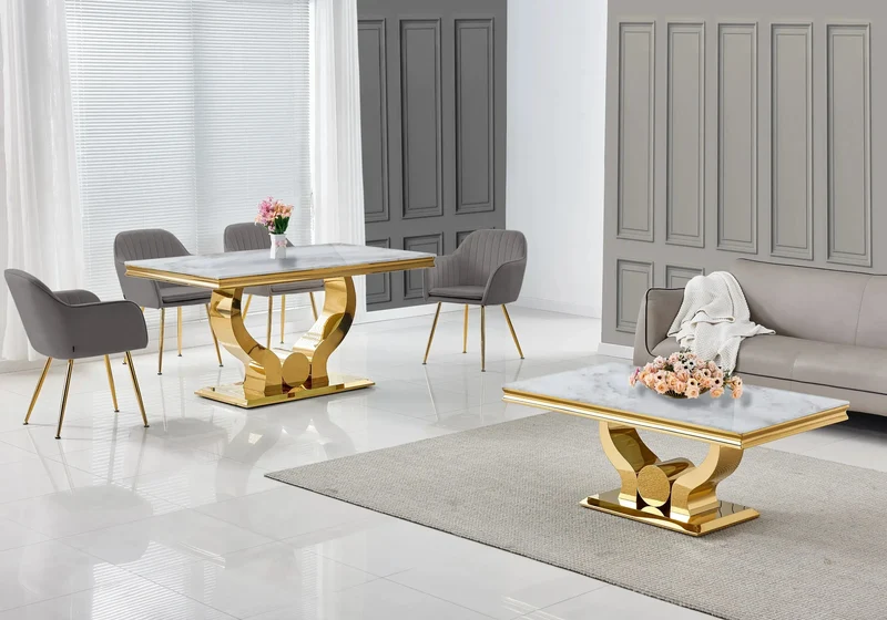 Salle à manger complète marbre beige doré – Omega