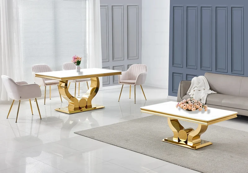 Salle à manger complète verre blanc doré – Omega