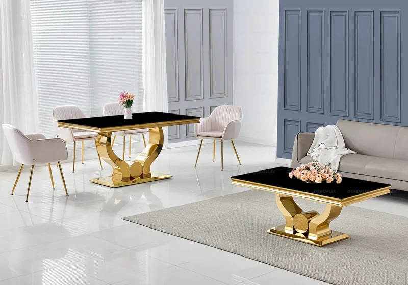 Salle à manger complète verre noir doré – Omega