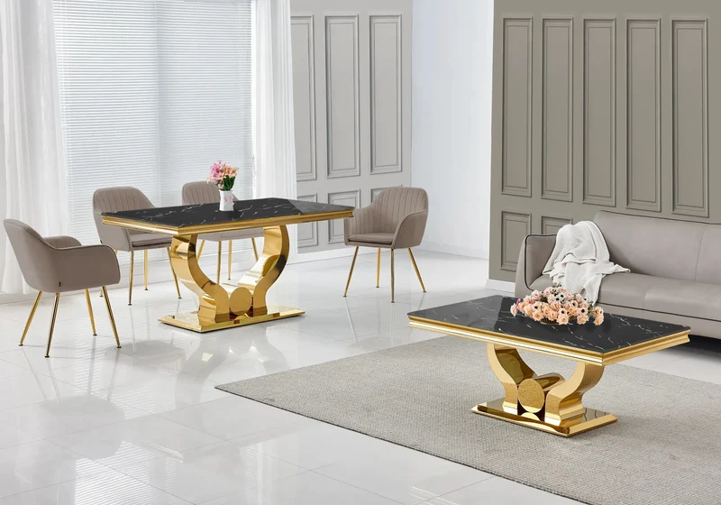 Salle à manger complète marbre noir doré – Omega