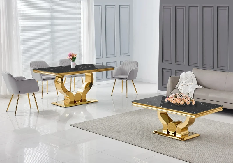 Salle à manger complète marbre noir doré – Omega