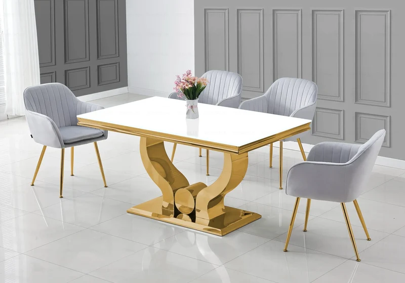 Ensemble table verre blanc et chaises dorés – Omega