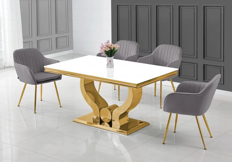 Ensemble table verre blanc et chaises dorés – Omega
