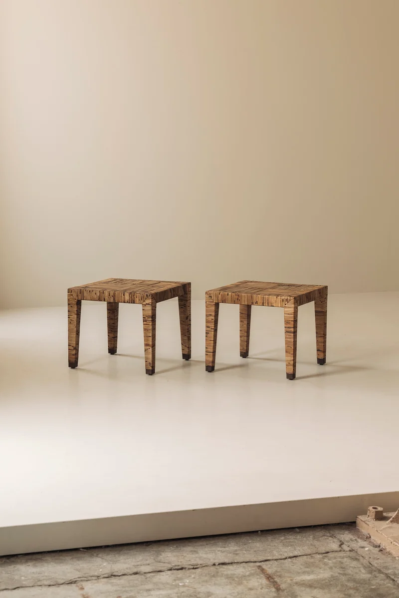 Exceptional French Rattan Wrapped Side Tables, 1970s — Pair