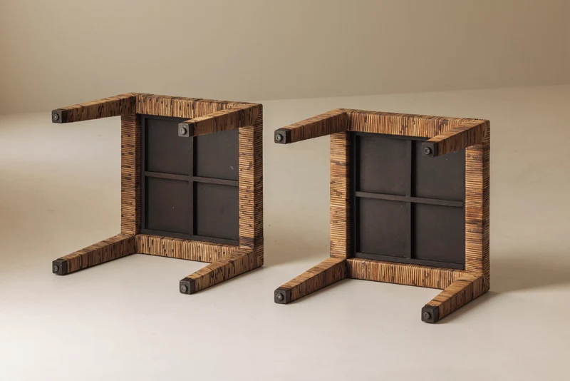 Exceptional French Rattan Wrapped Side Tables, 1970s — Pair