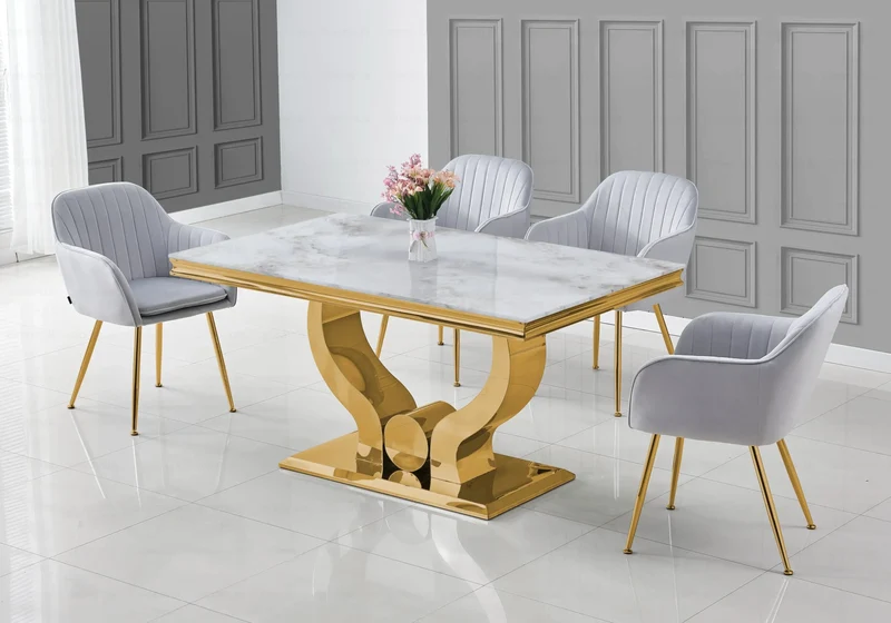 Ensemble table marbre beige et chaises dorés – Omega