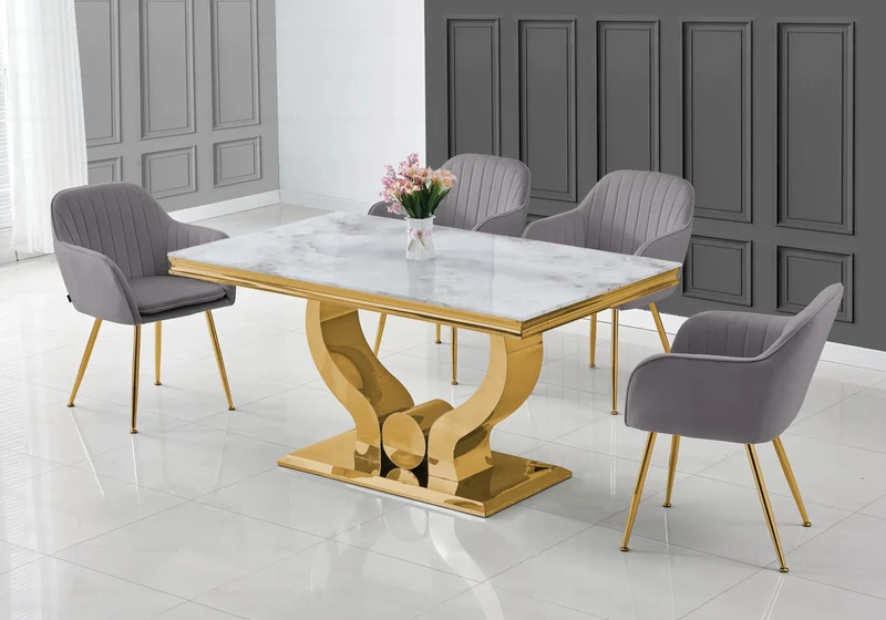 Ensemble table marbre beige et chaises dorés – Omega
