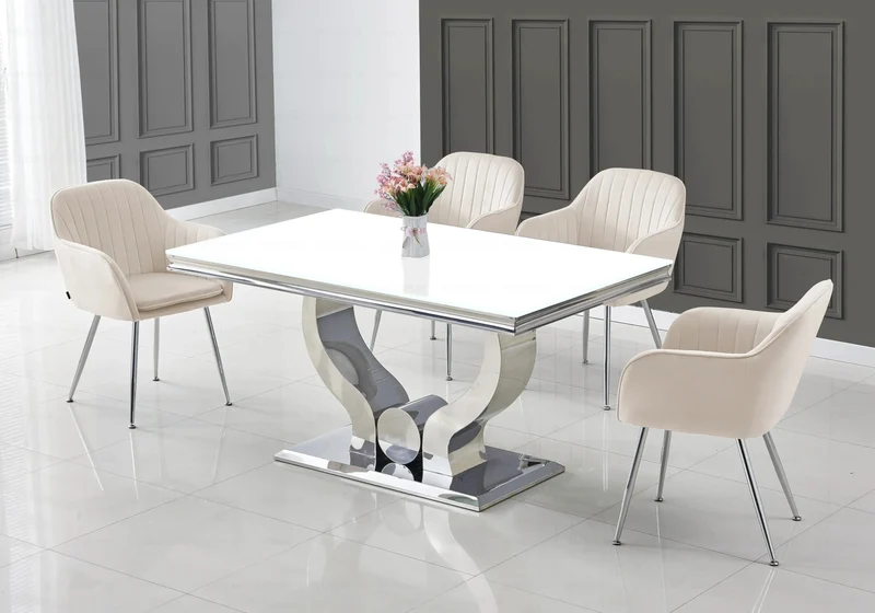 Ensemble table verre blanc et chaises argent – Omega