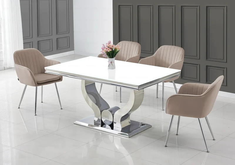 Ensemble table verre blanc et chaises argent – Omega