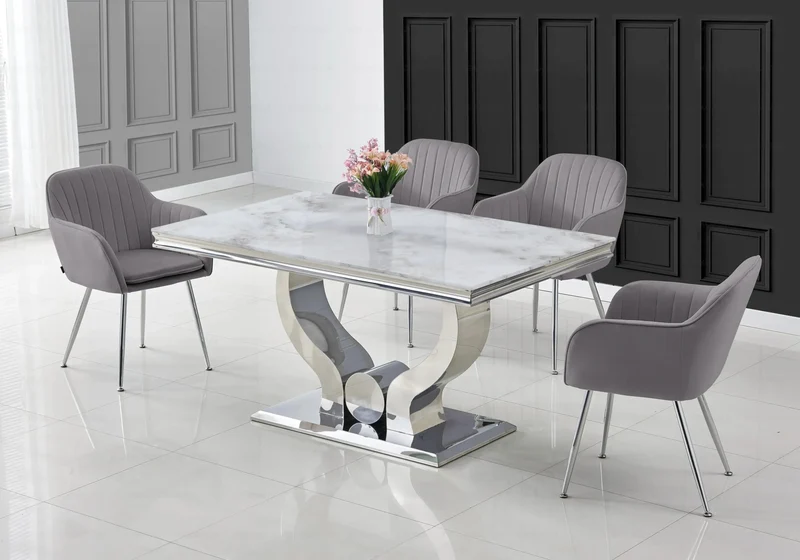 Ensemble table marbre beige et chaises argent – Omega