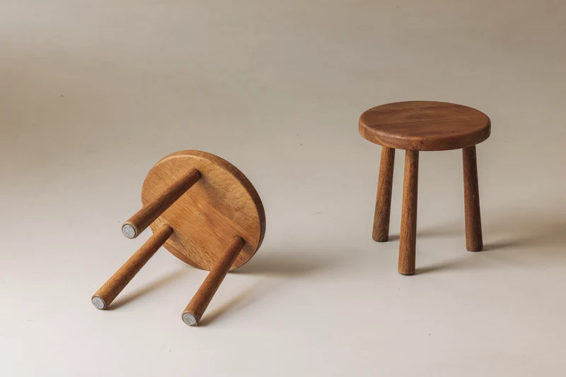 Sculptural Set of Two Solid Oak Stools, France, 1960s