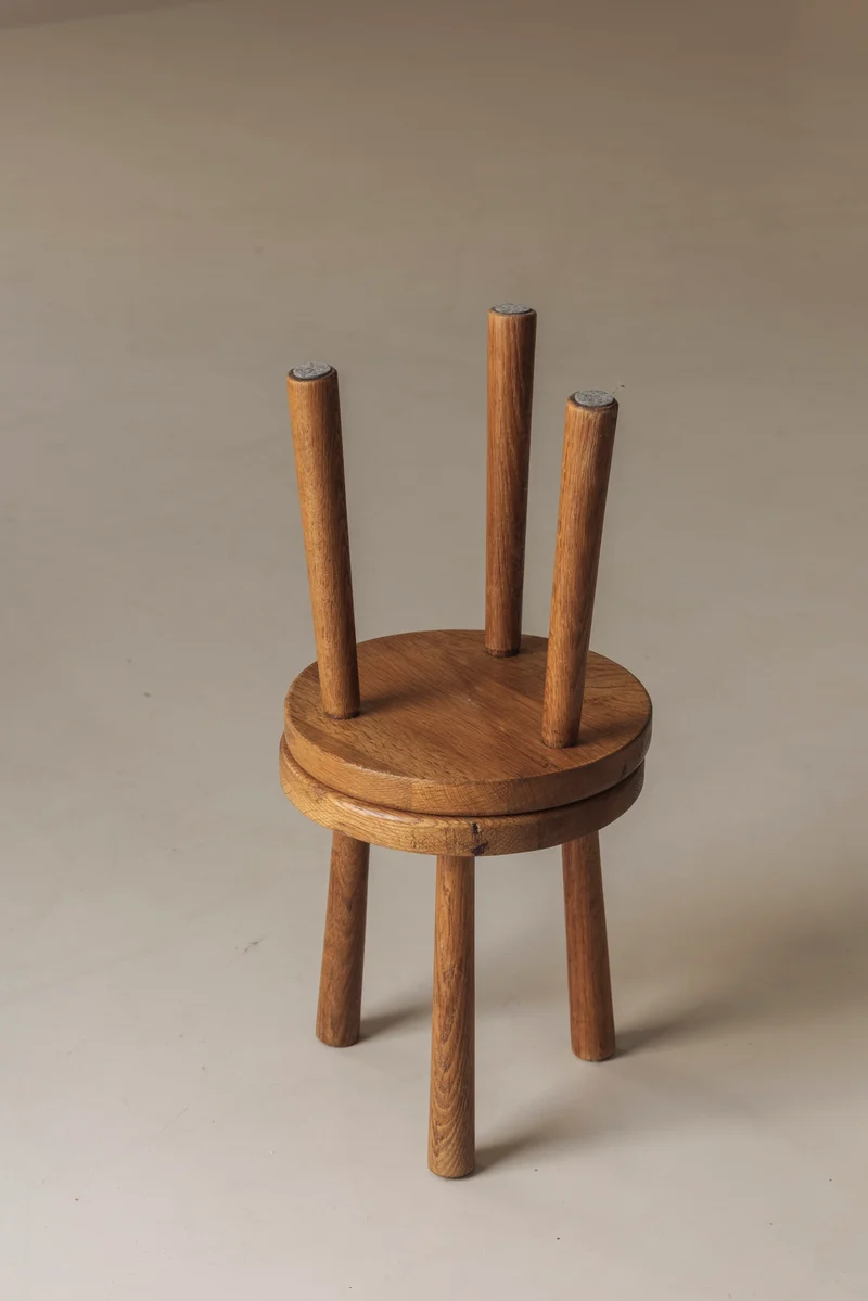 Sculptural Set of Two Solid Oak Stools, France, 1960s