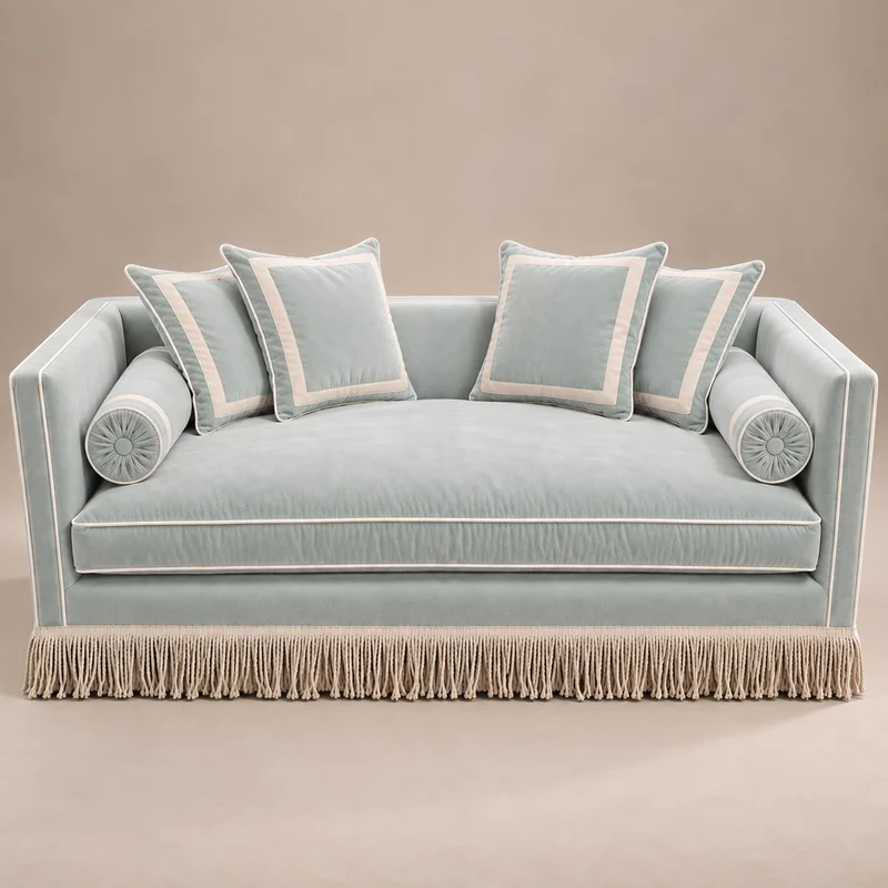Steph Sofa 200 cm - Velvet Seafoam & Ivory Piping - Fringe