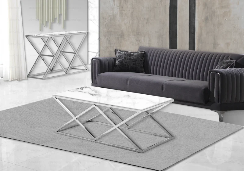 Table basse effet marbre blanc et pied argent - Erly
