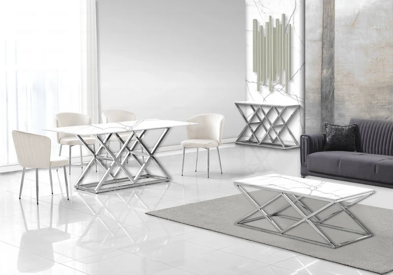 Table basse effet marbre blanc et pied argent - Erly
