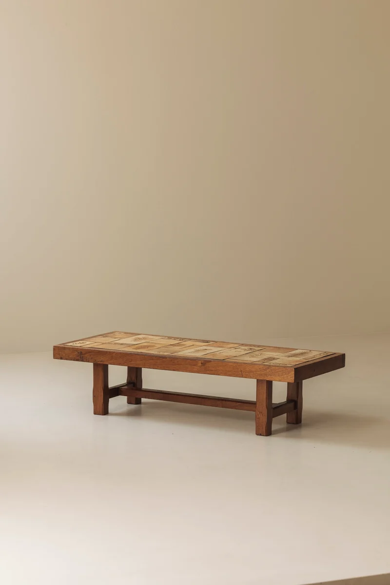 Coffee Table in Oak and Ceramic Sandstone Tiles by Roger Capron, France 1965