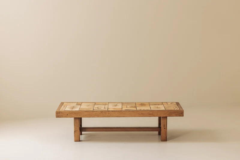 Coffee Table in Oak and Ceramic Sandstone Tiles by Roger Capron, France 1965