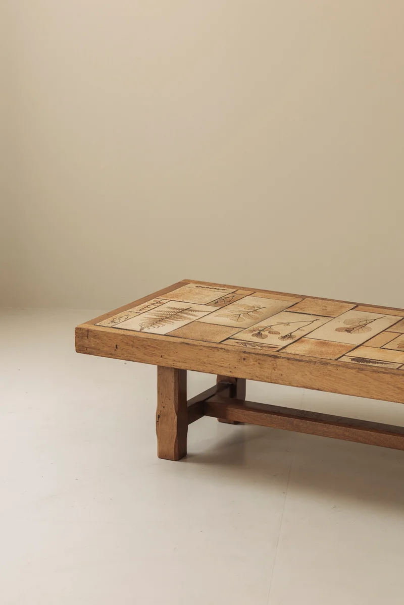 Coffee Table in Oak and Ceramic Sandstone Tiles by Roger Capron, France 1965