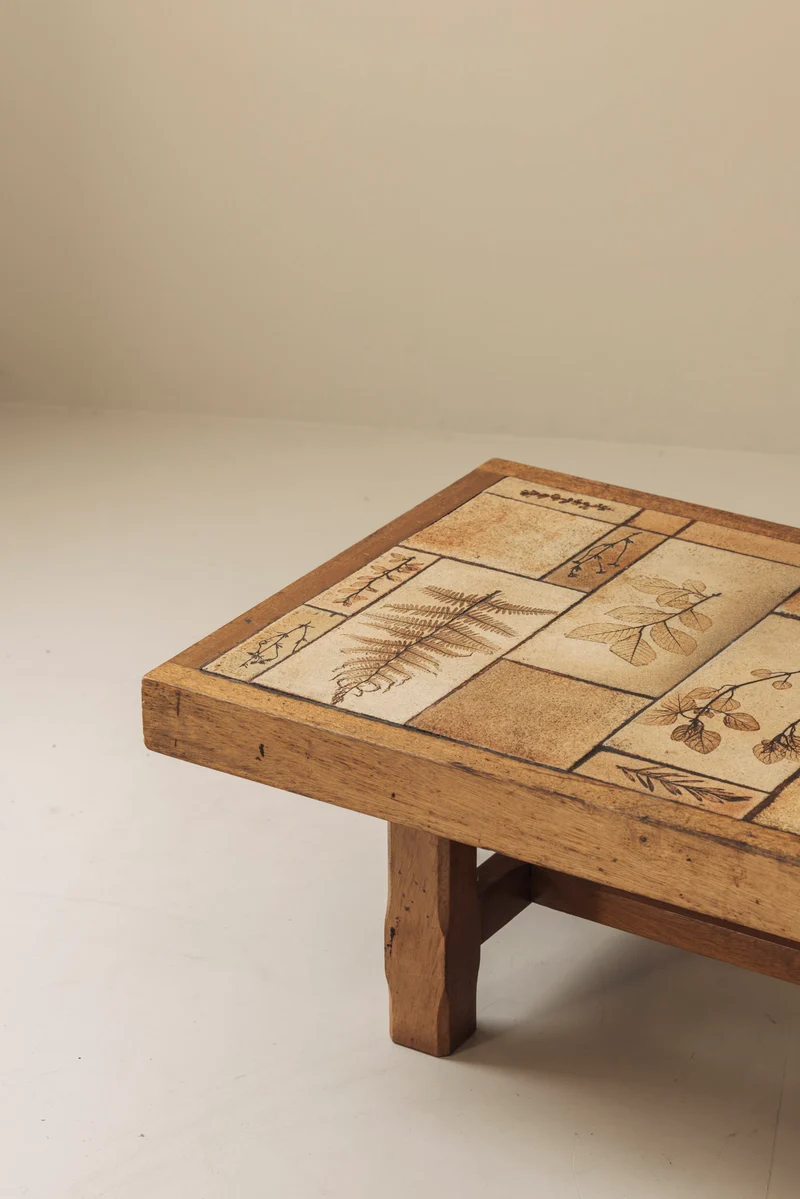 Coffee Table in Oak and Ceramic Sandstone Tiles by Roger Capron, France 1965