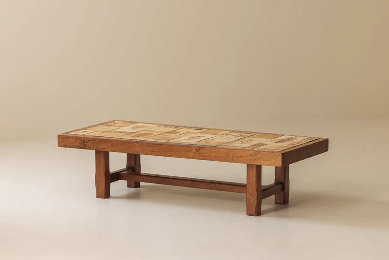 Coffee Table in Oak and Ceramic Sandstone Tiles by Roger Capron, France 1965