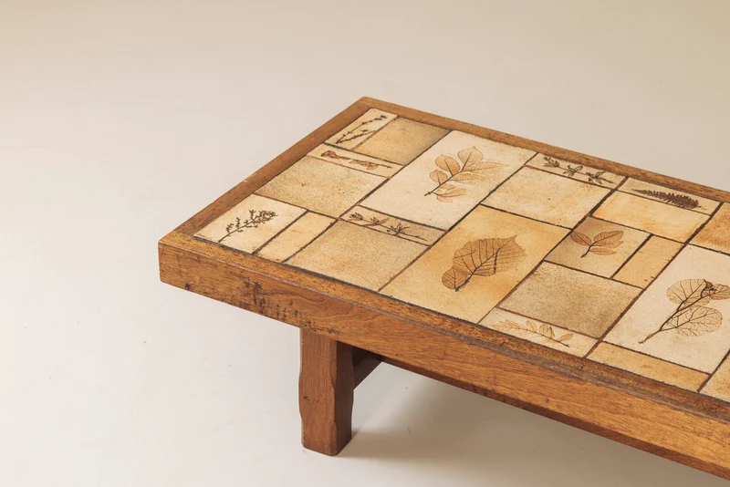 Coffee Table in Oak and Ceramic Sandstone Tiles by Roger Capron, France 1965