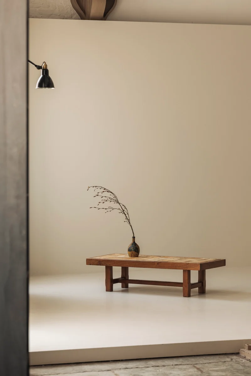 Coffee Table in Oak and Ceramic Sandstone Tiles by Roger Capron, France 1965