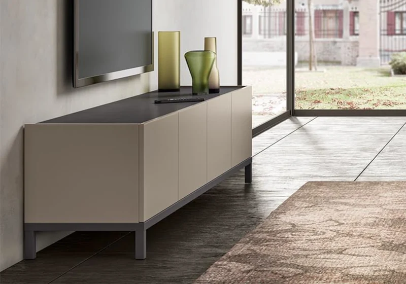 Meuble TV 2 portes et niche marbre pieds métal - Kali
