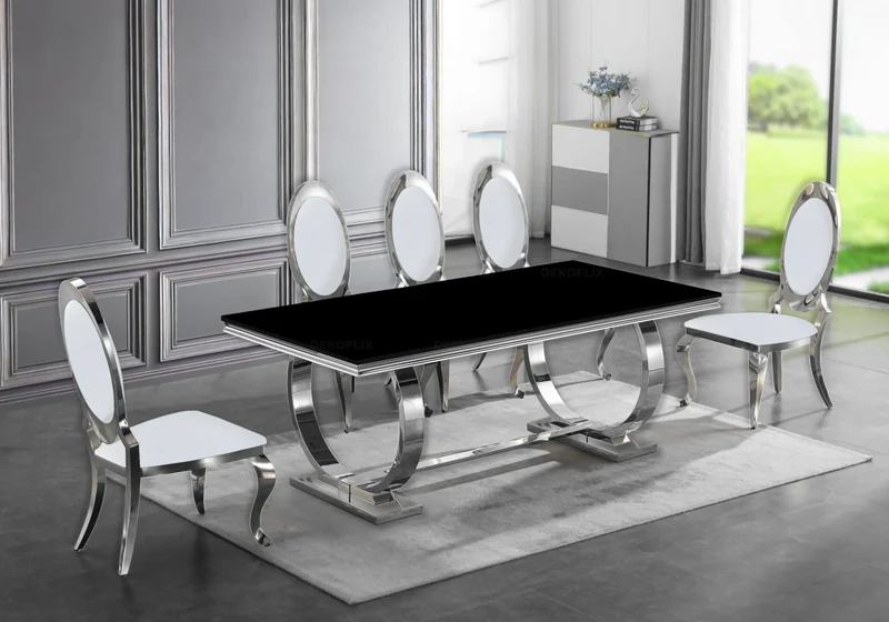 Table verre noir et 4 chaises médaillon argent – Bobo