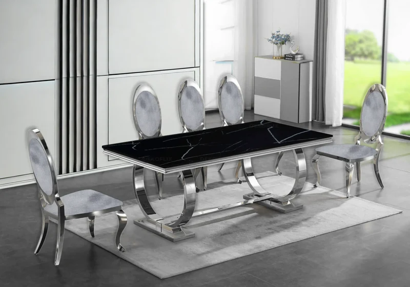 Table marbre noir et 4 chaises médaillon argent – Bobo