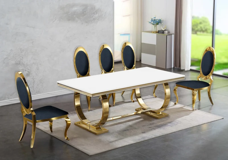 Table verre blanc et 4 chaises médaillon doré – Bobo