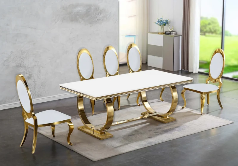 Table verre blanc et 4 chaises médaillon doré – Bobo