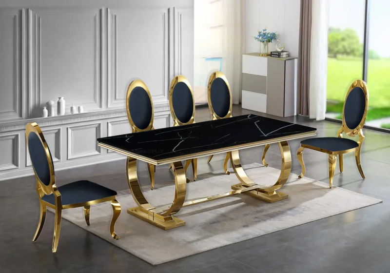 Table marbre noir et 4 chaises médaillon doré – Bobo