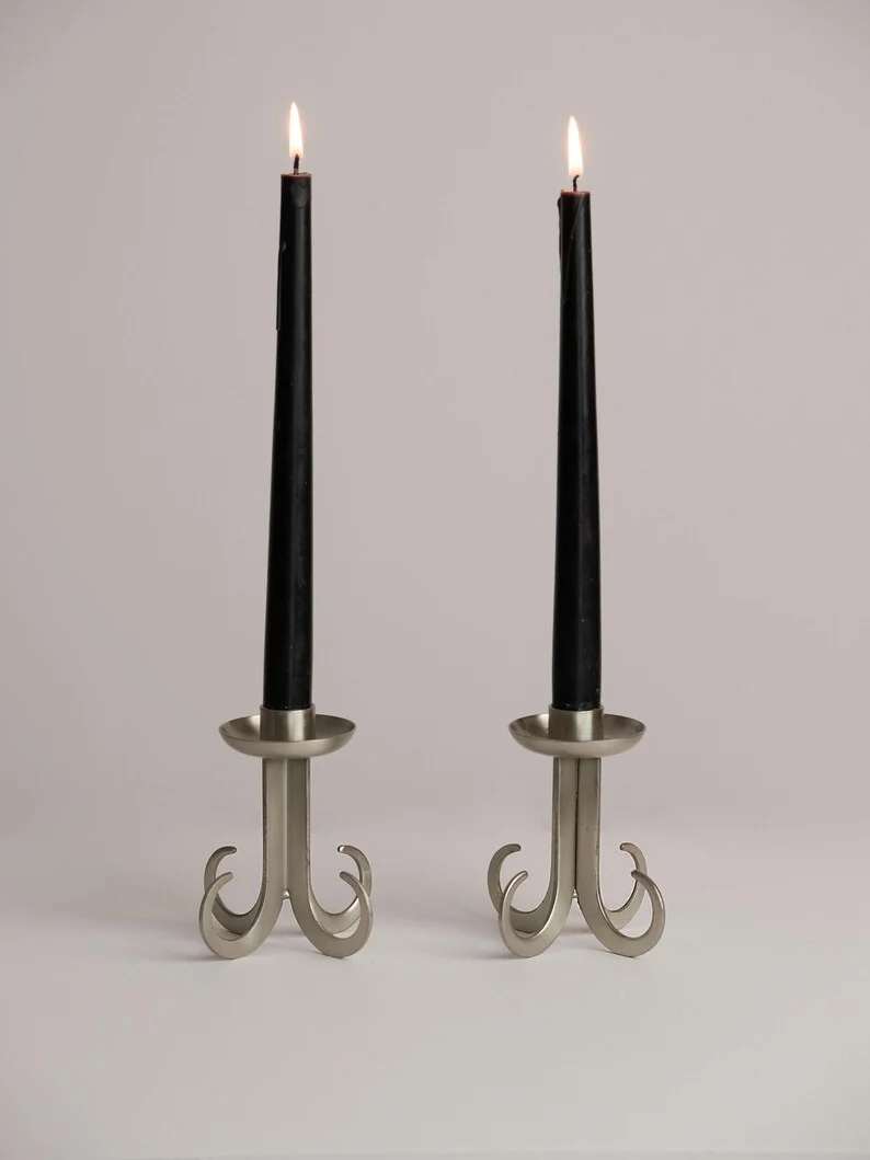 Architectural Steel Totem Candlesticks 1970s – Brutalist Sculptural Set of 2