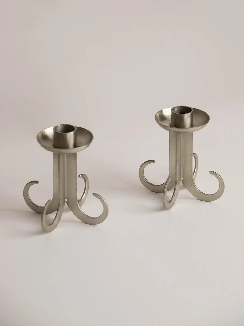 Architectural Steel Totem Candlesticks 1970s – Brutalist Sculptural Set of 2