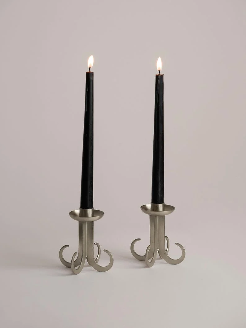 Architectural Steel Totem Candlesticks 1970s – Brutalist Sculptural Set of 2
